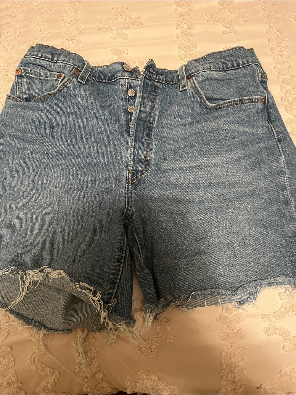 Levi's Light Blue Frayed Hem High-Rise Jean Shorts